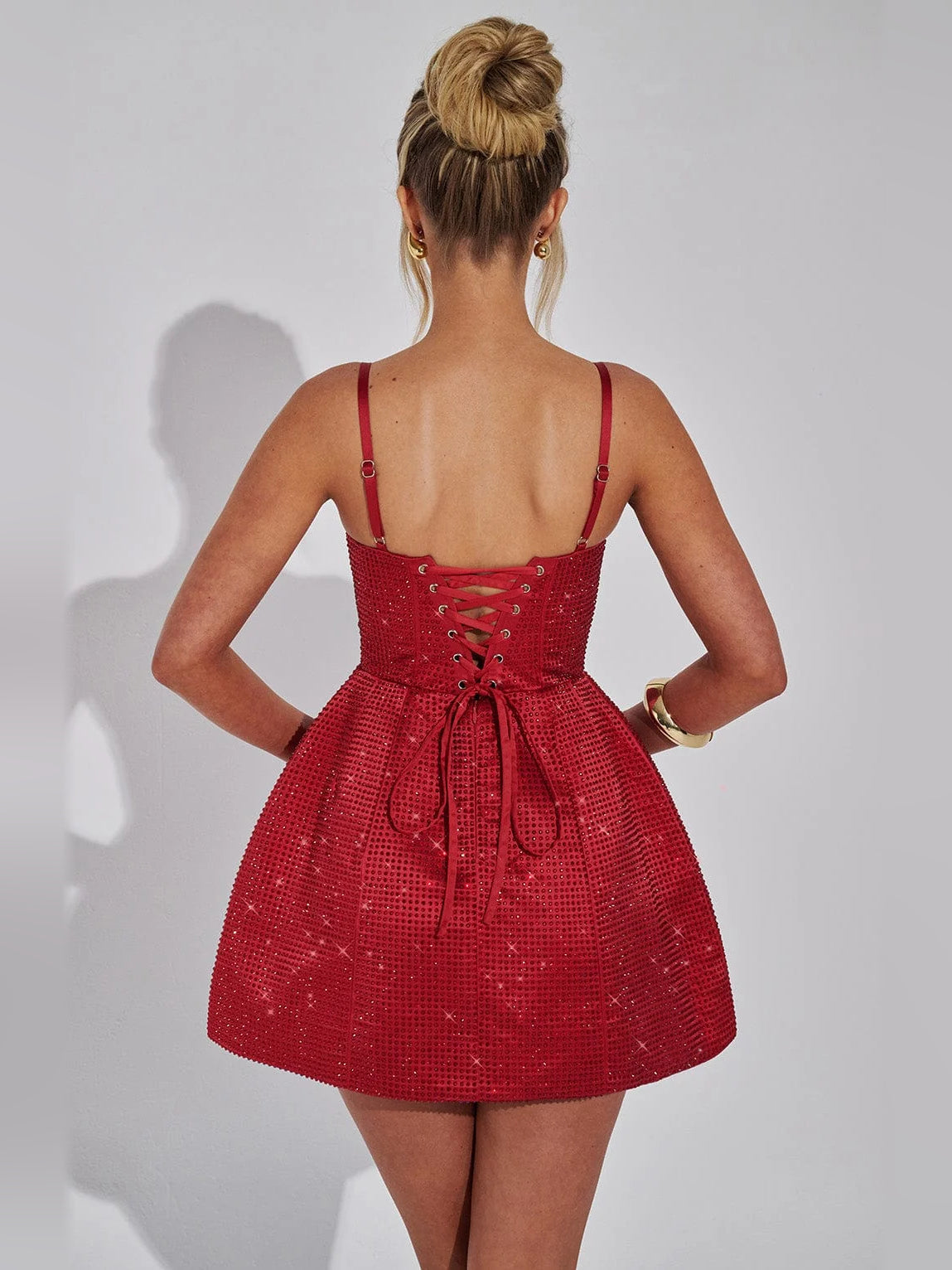 Blush mini homecoming dress, alternate view showing the bodice and skirt from another angle