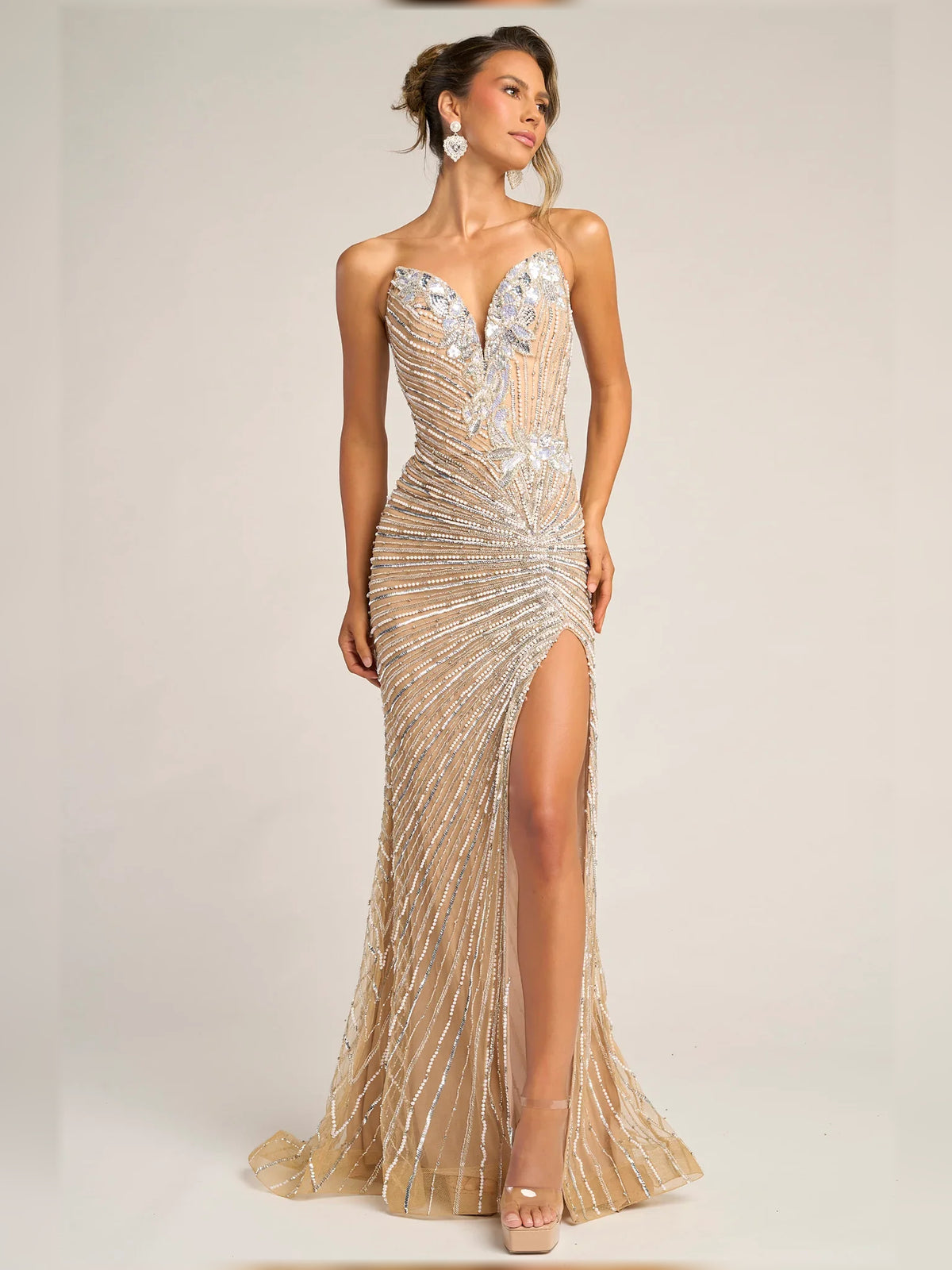 Champagne mermaid floor-length formal dress with skirt slit, alternate view