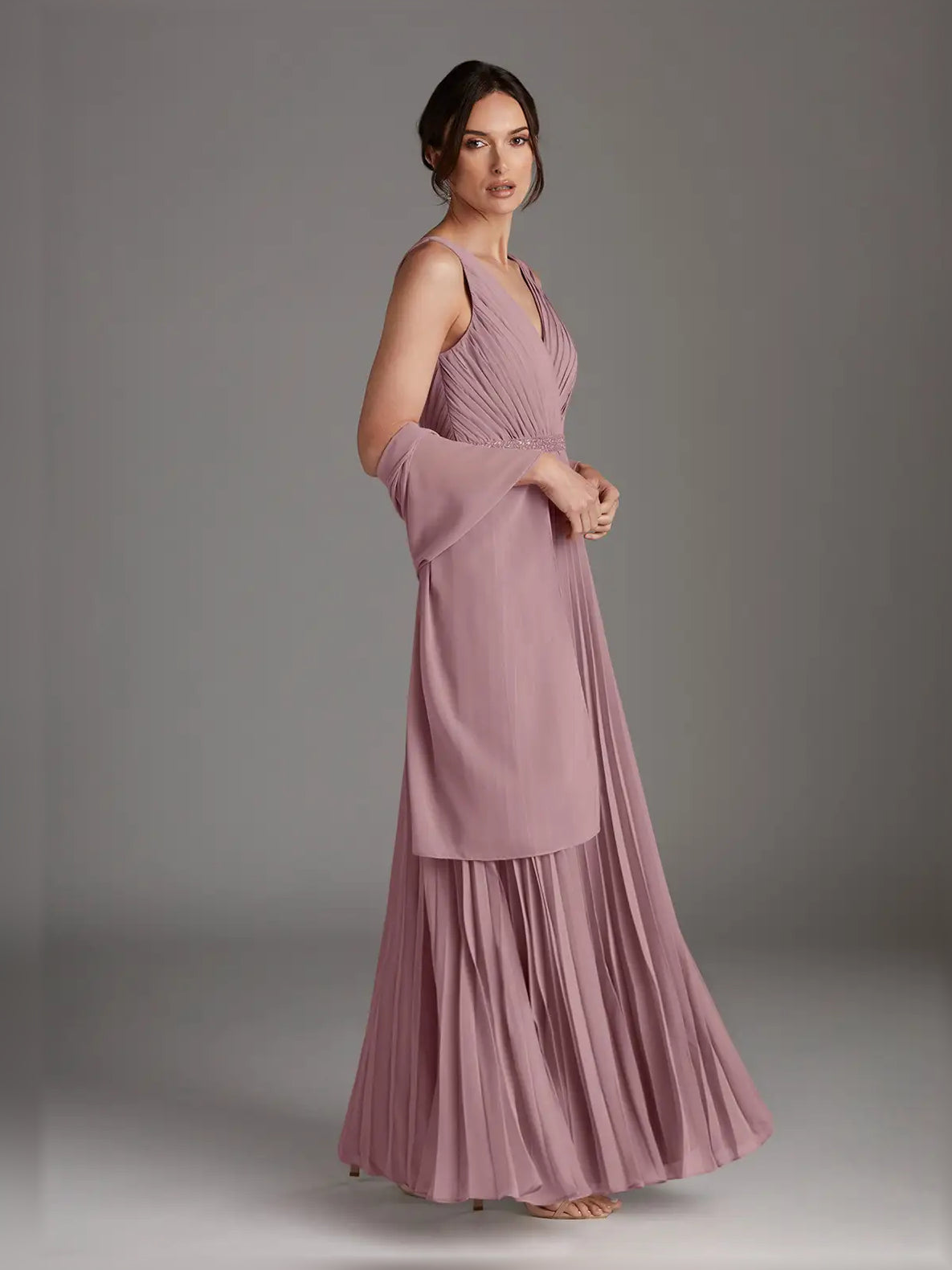Dusty Rose maxi mother of the bride dress, alternate view showing the bodice and skirt