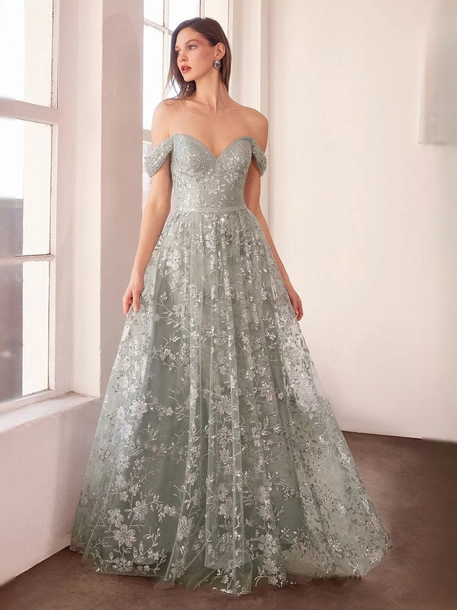 Silver floor-length prom dress, front view showing the ball-gown silhouette