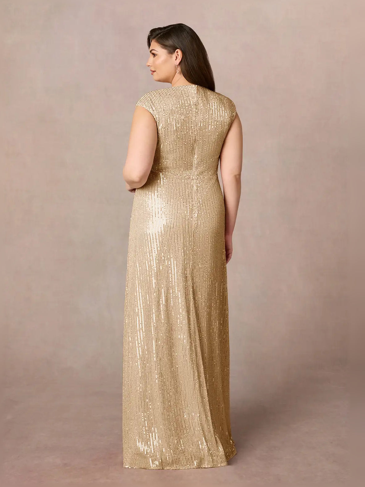 Champagne column floor-length formal dress with sequins, alternate view showing the overall silhouette