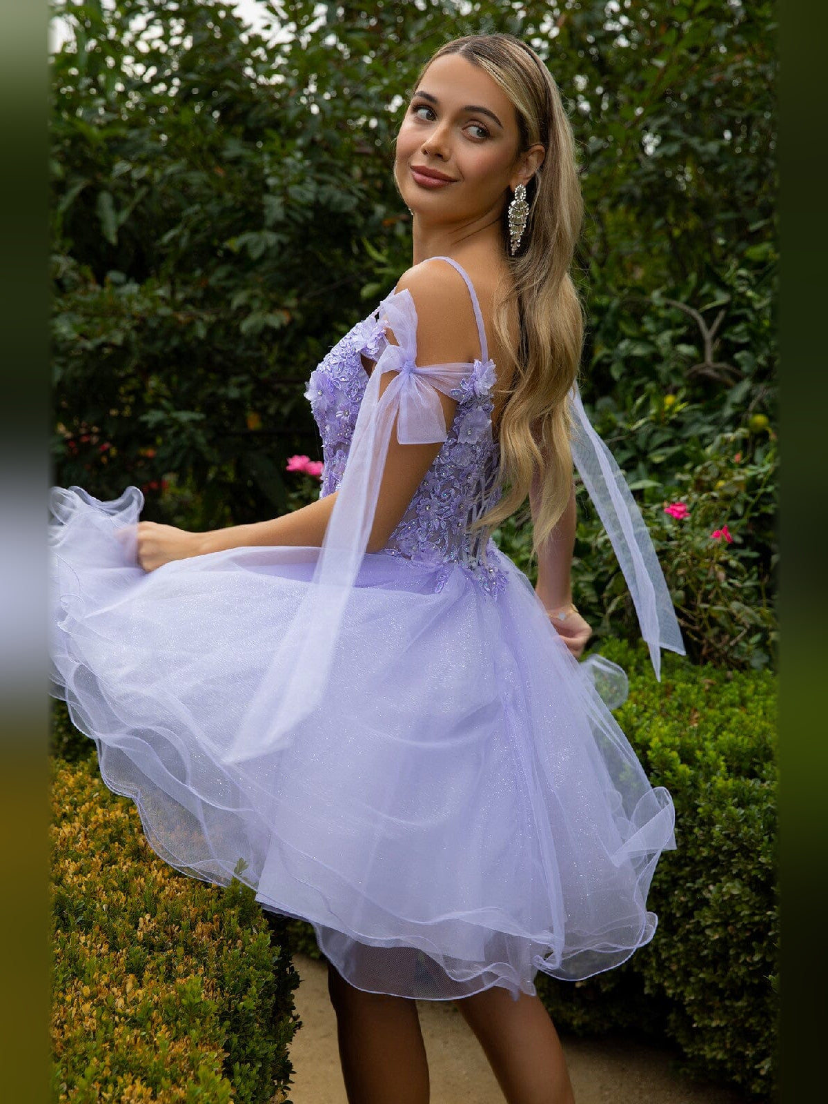 Mist Blue short homecoming dress, alternate view showing the bodice and skirt