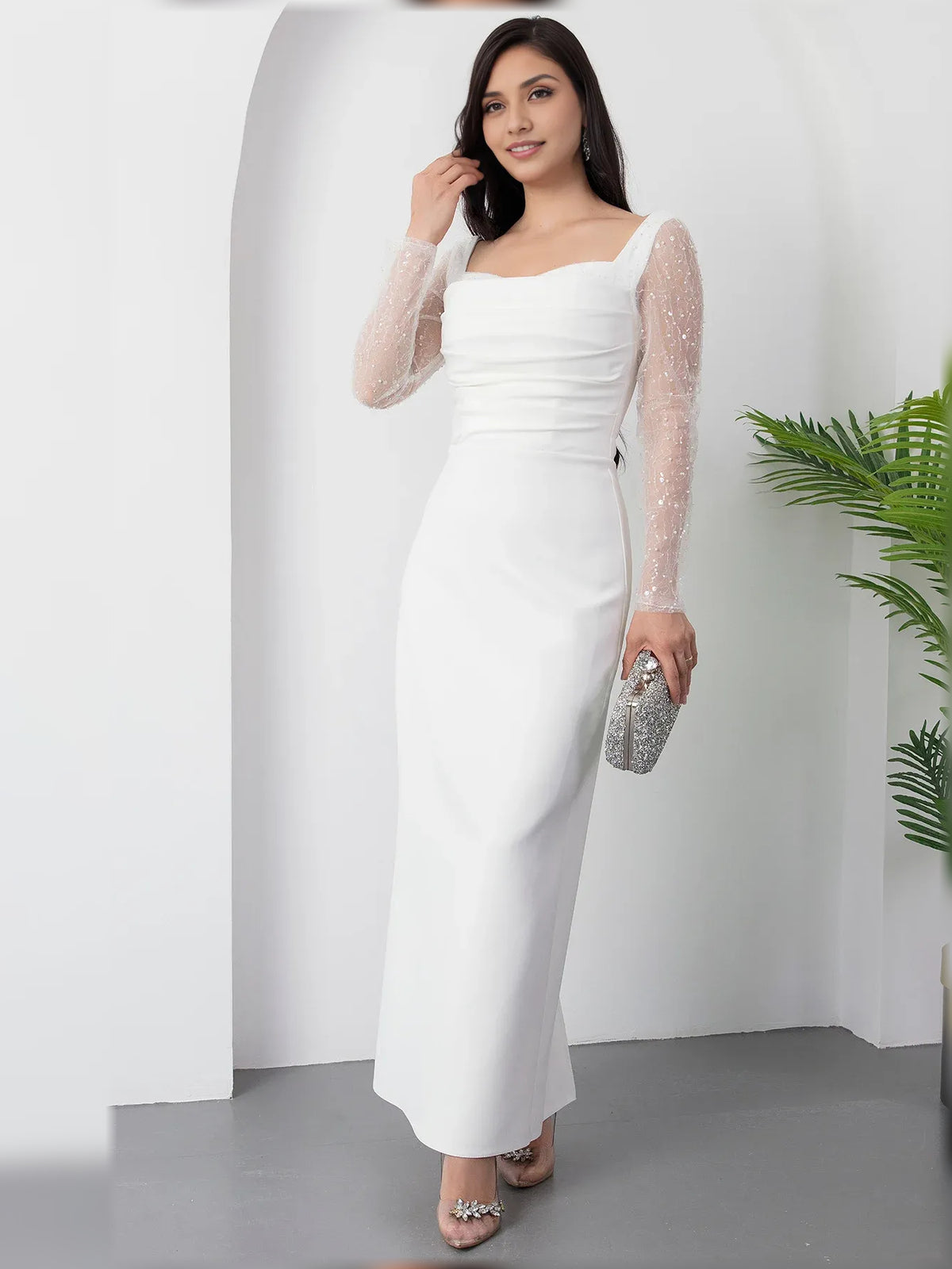 White sheath floor-length formal dress with sequins, alternate view