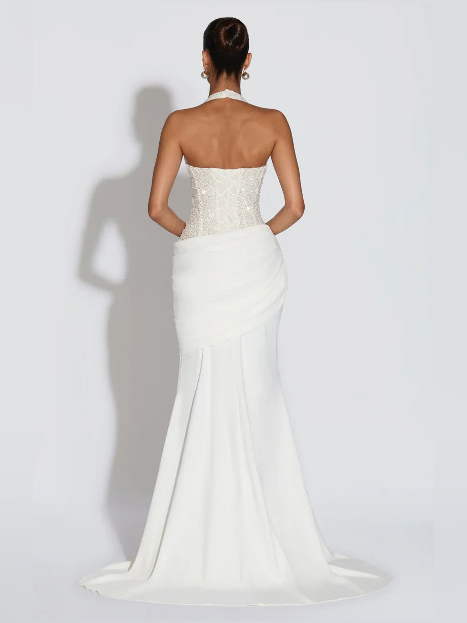 Lemon maxi prom dress, alternate view showing the bodice and skirt from another angle