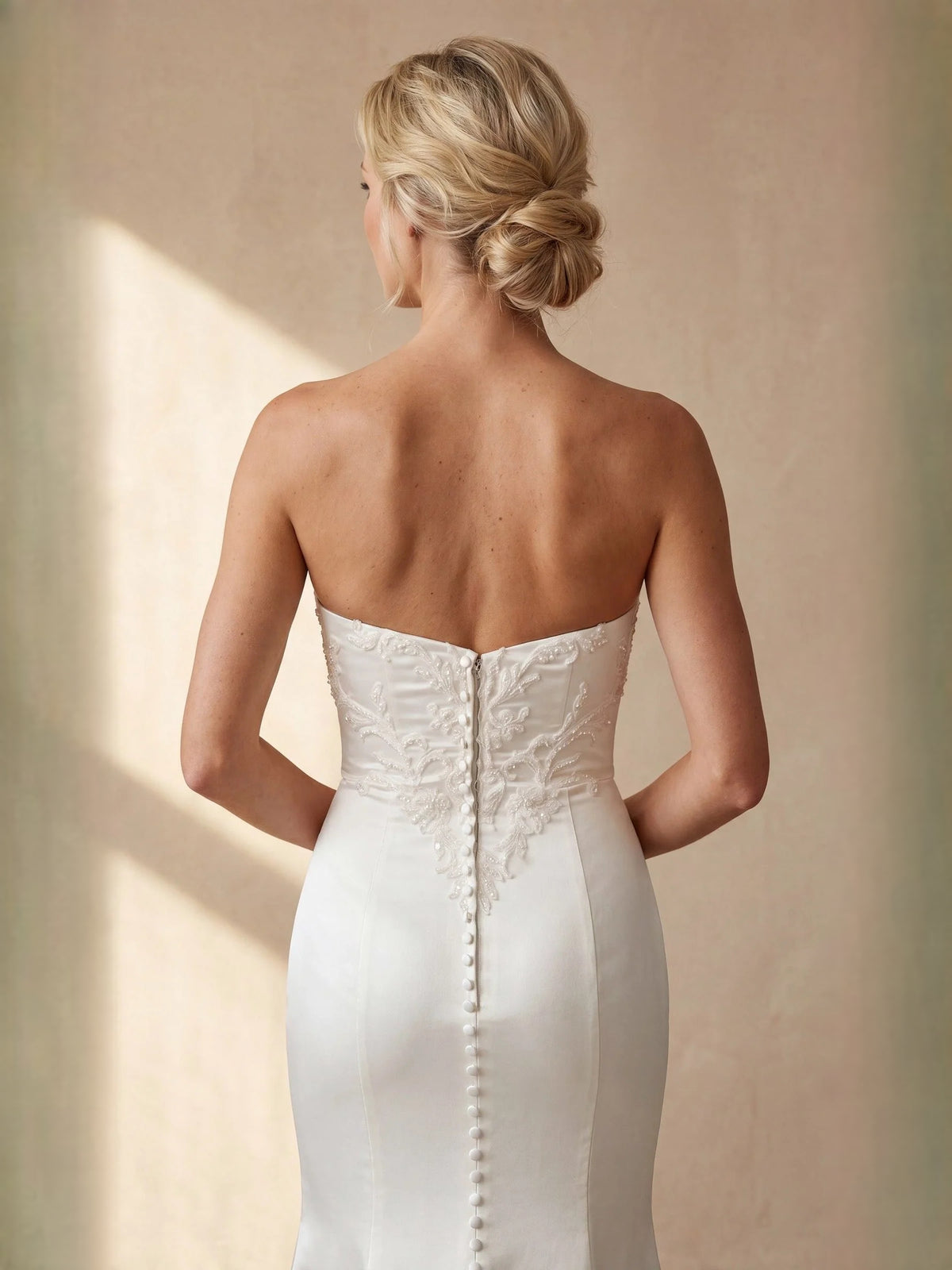 Ivory floor-length wedding dress, alternate view showing the bodice and skirt from another angle