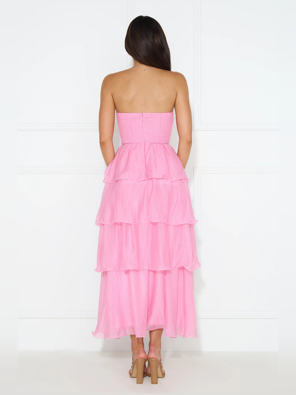 Pink midi formal dress with strapless neckline, alternate view showing the overall silhouette