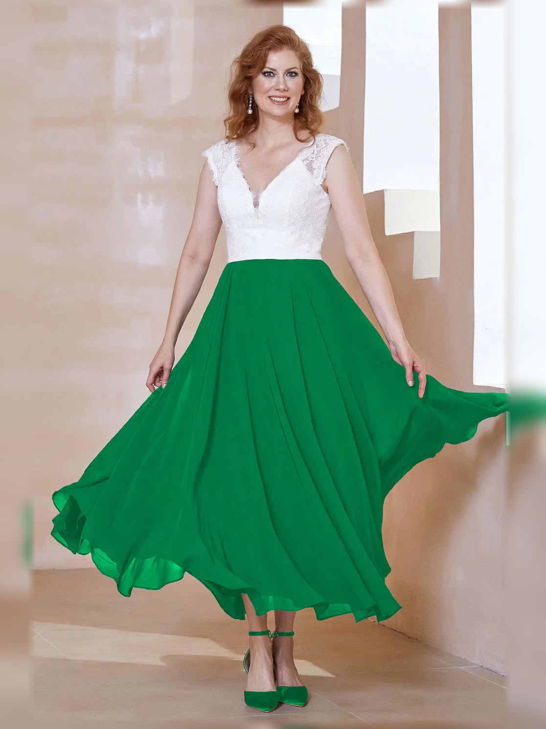 Green midi mother of the bride dress, alternate view showing the bodice and skirt