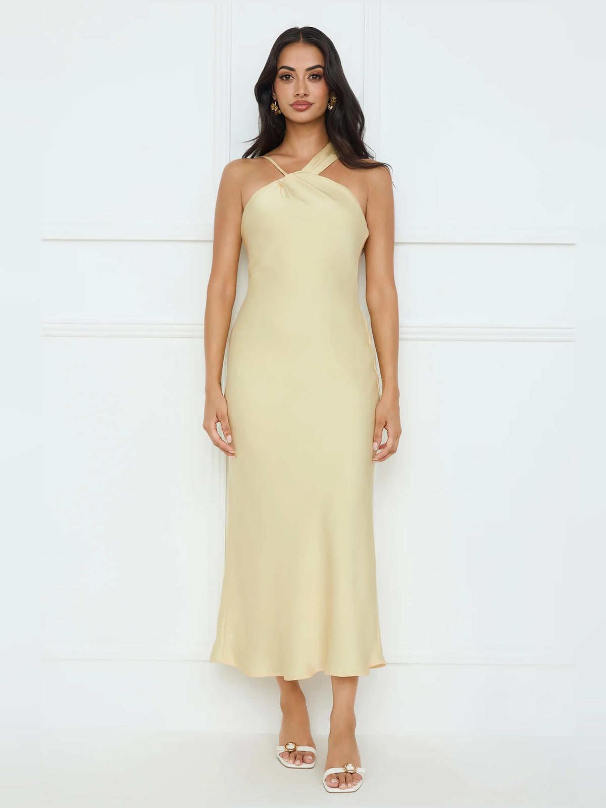 YELLOW midi formal dress, alternate view showing the overall silhouette