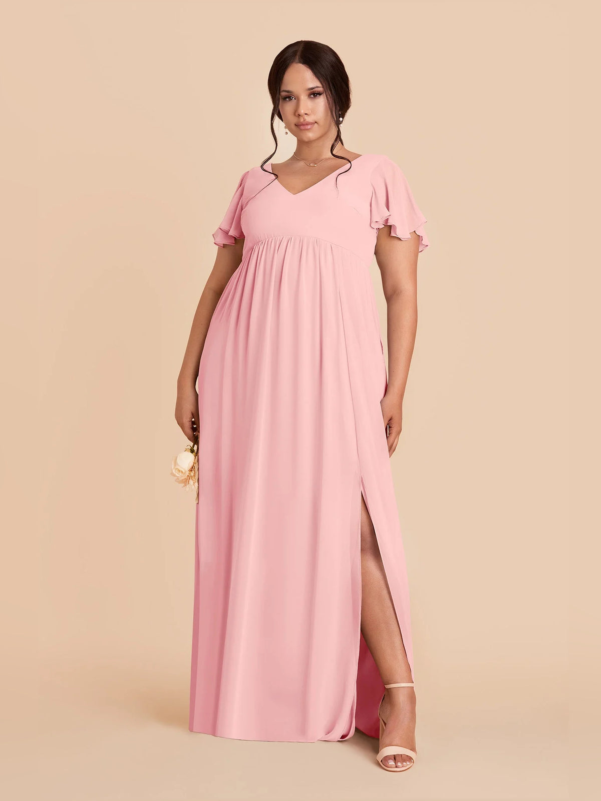 Peach maxi bridesmaid dress, alternate view showing the bodice and skirt