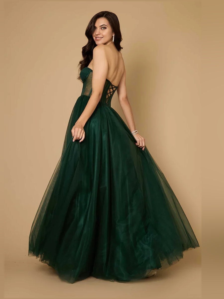 Mauve floor-length prom dress, back view showing the rear of the dress with the dress shown closer