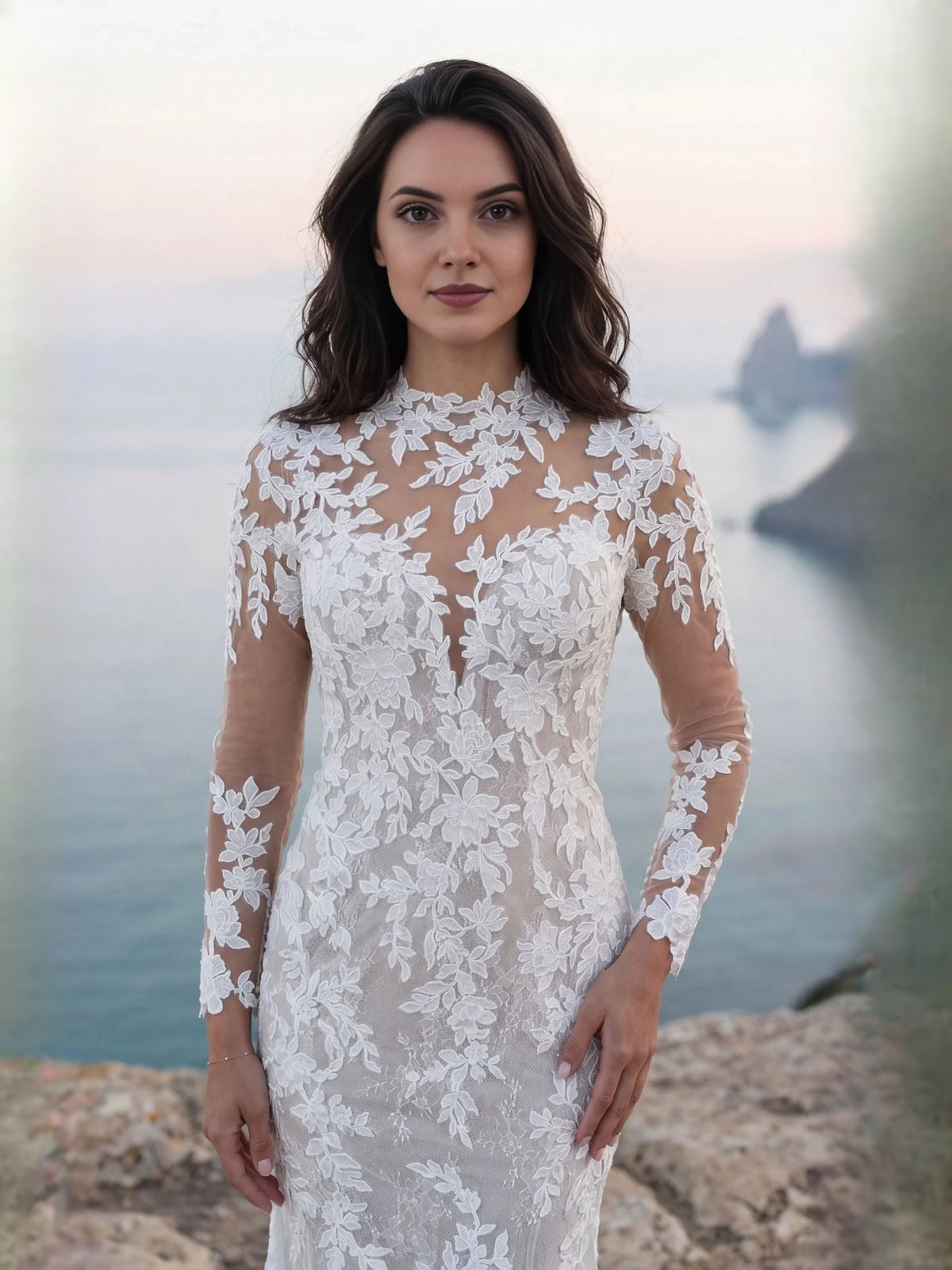 Ivory floor-length wedding dress, alternate view showing the bodice and skirt from another angle