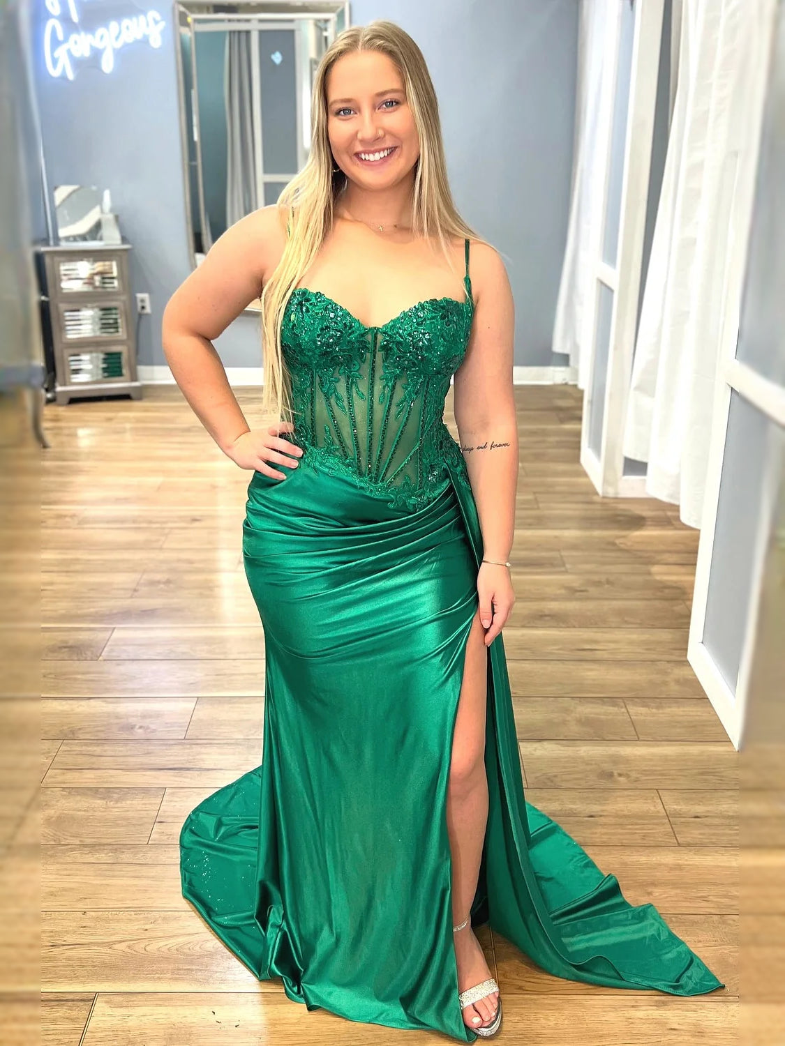Emerald Green floor-length prom dress, alternate view showing the bodice and skirt