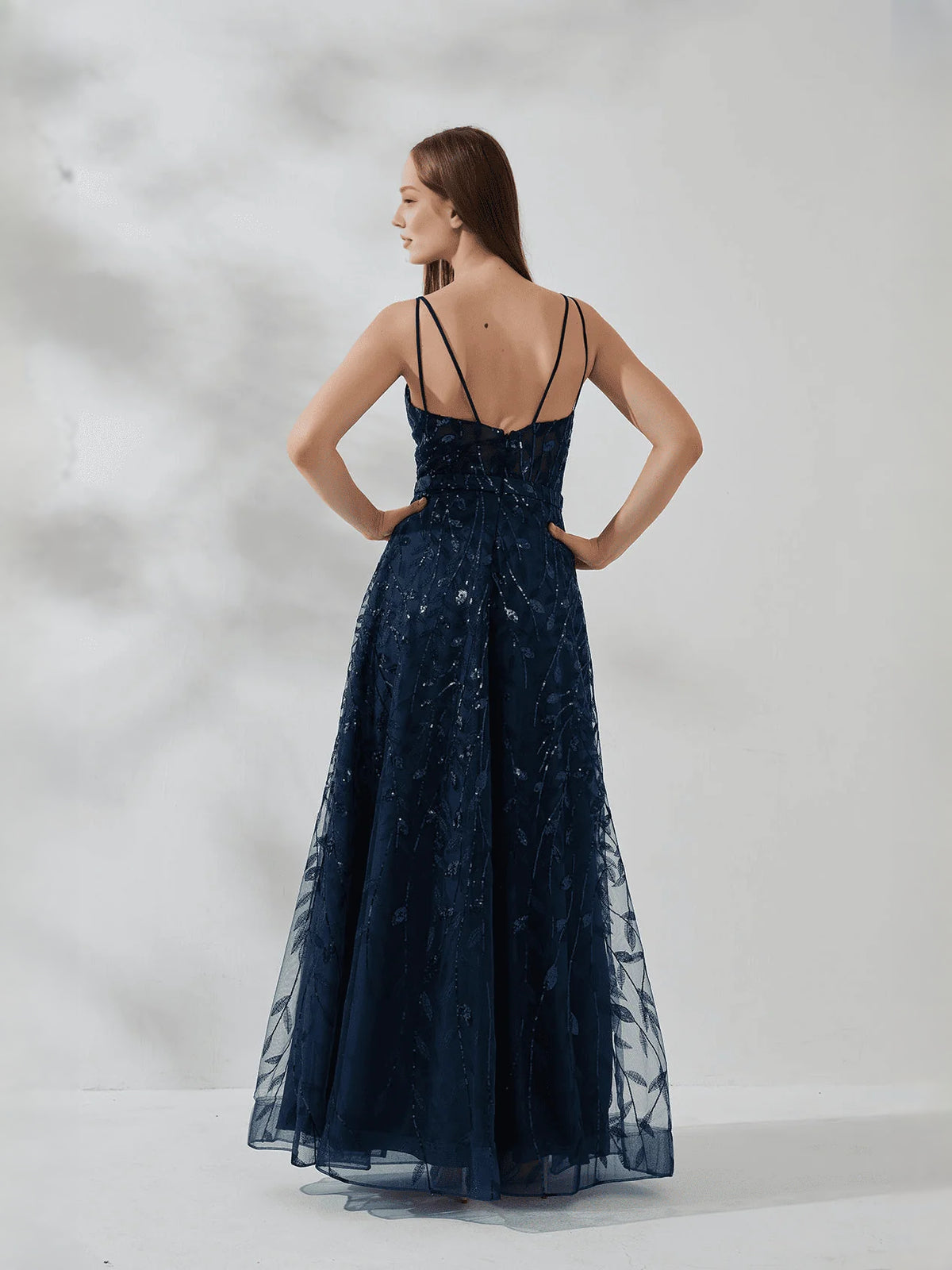 Navy Blue floor-length prom dress, alternate view showing the bodice and skirt