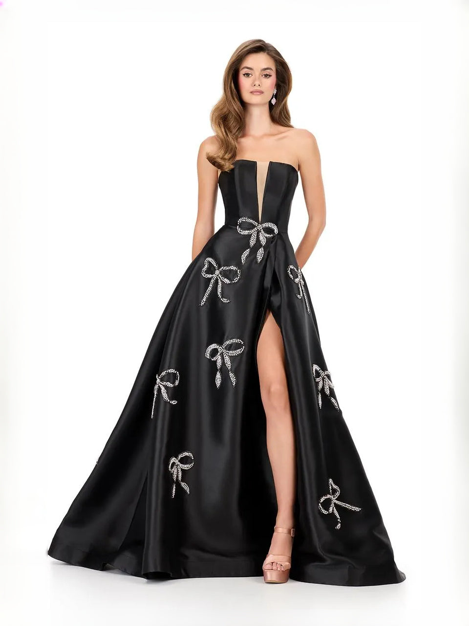 Black maxi prom dress, alternate view showing the bodice and skirt