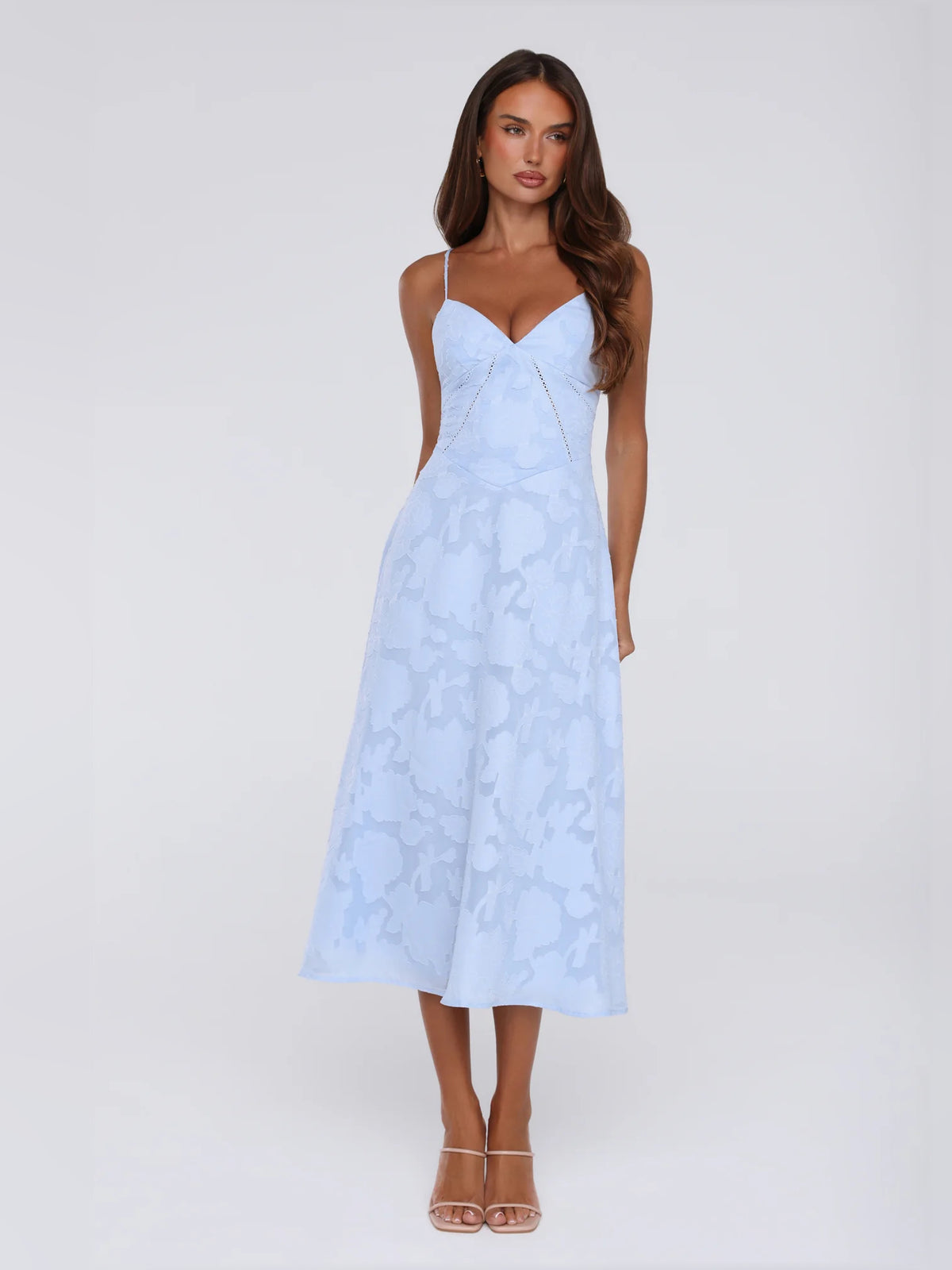 Blue midi formal dress, alternate view showing the overall silhouette