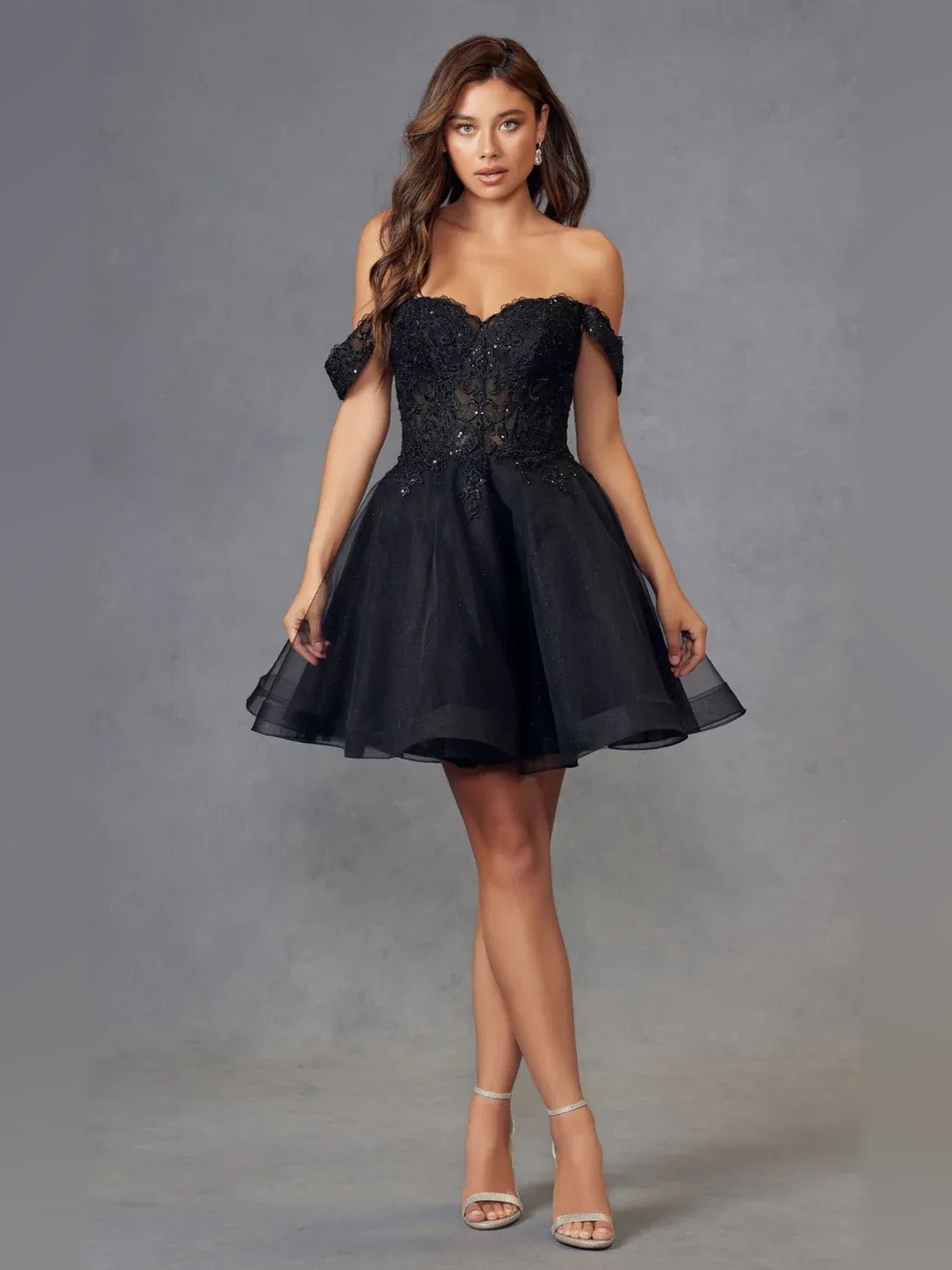 Black short homecoming dress, alternate view showing the bodice and skirt