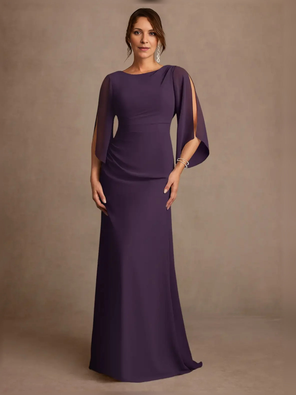 Chocolate floor-length mother of the bride dress, alternate view showing the bodice and skirt from another angle