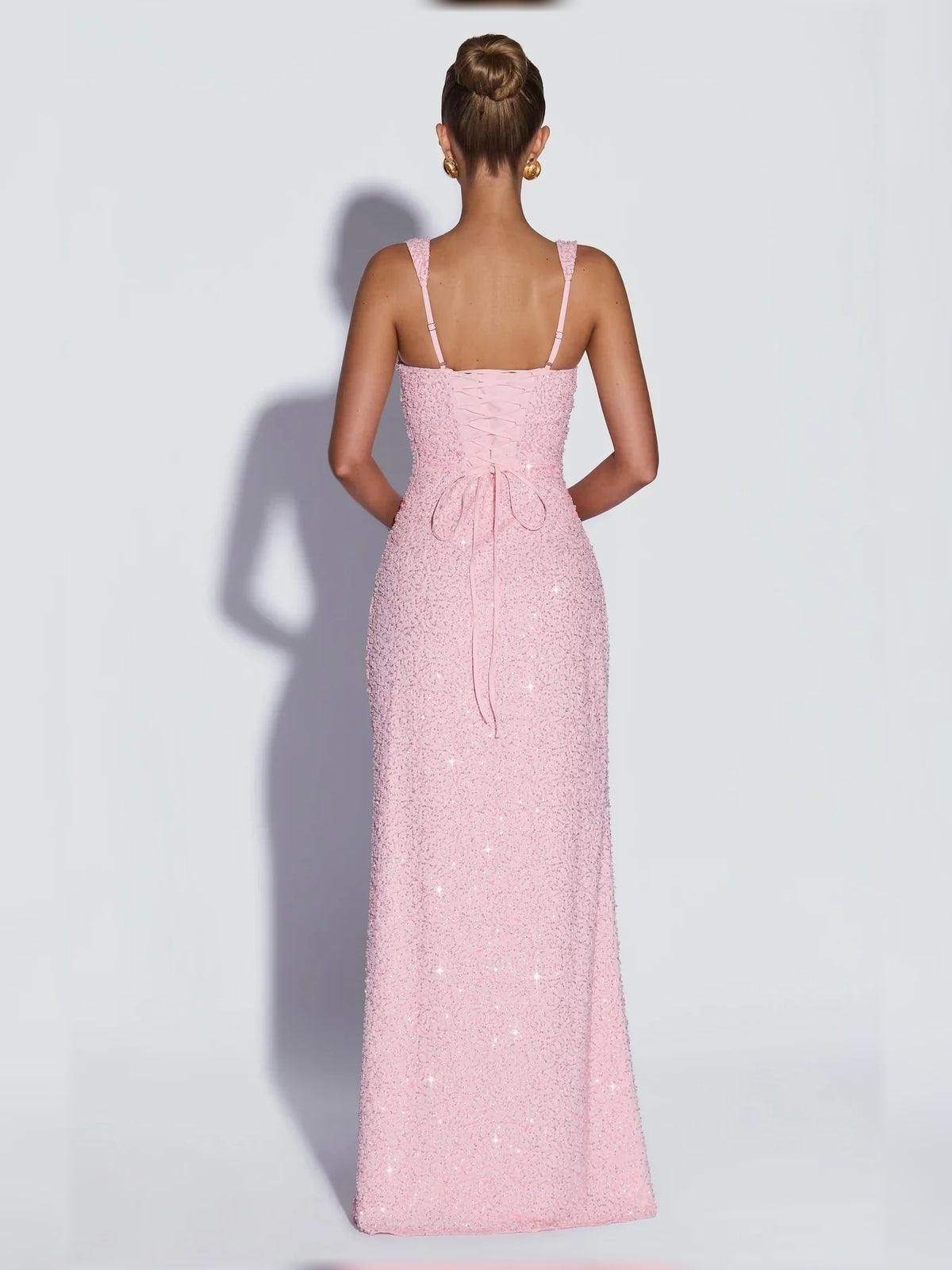 Ivory sheath floor-length formal dress with corset-style bodice, alternate view showing the overall silhouette