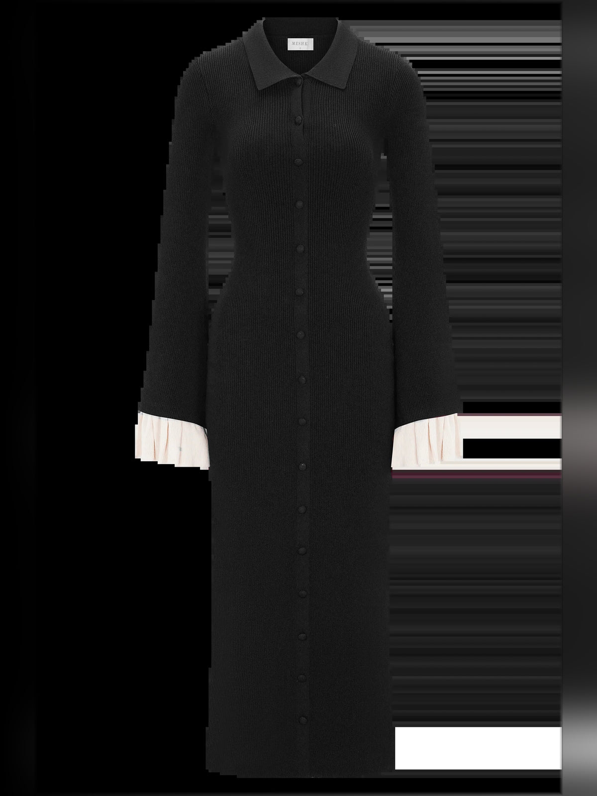 Black midi formal dress with ruffle details, alternate view showing the overall silhouette