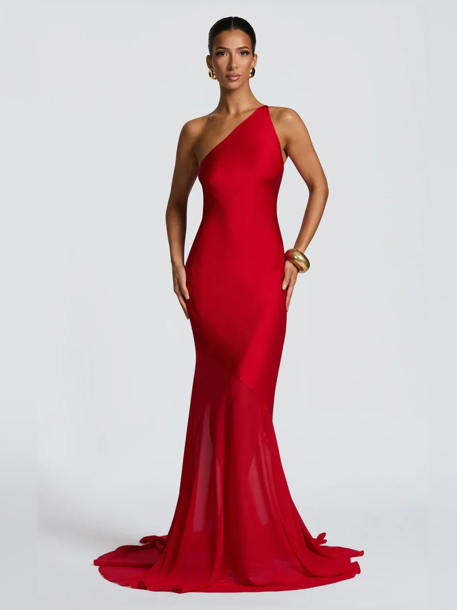 Red mermaid floor-length formal dress with one-shoulder neckline, alternate view