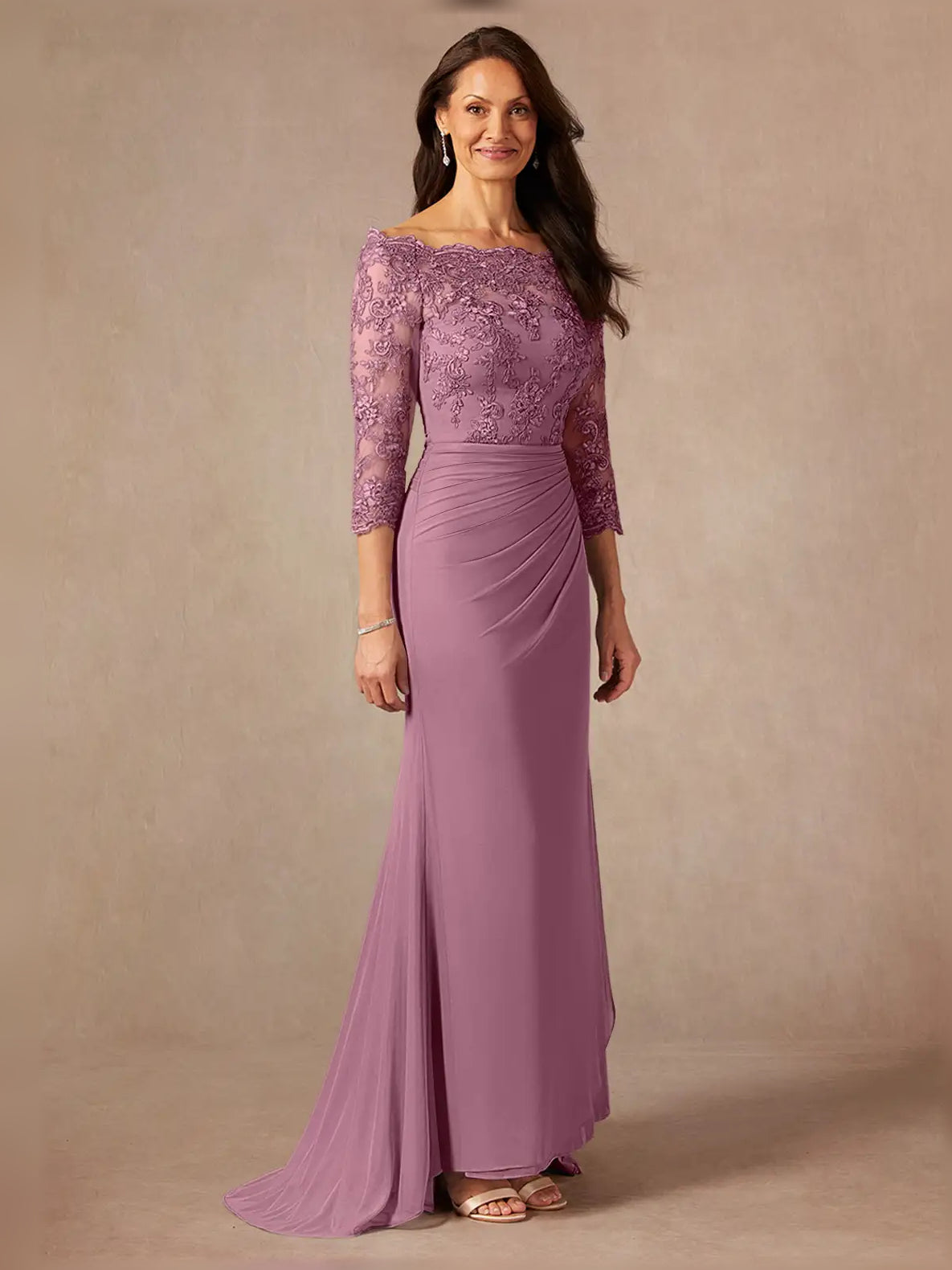 Vintage Mauve maxi mother of the bride dress, alternate view showing the bodice and skirt