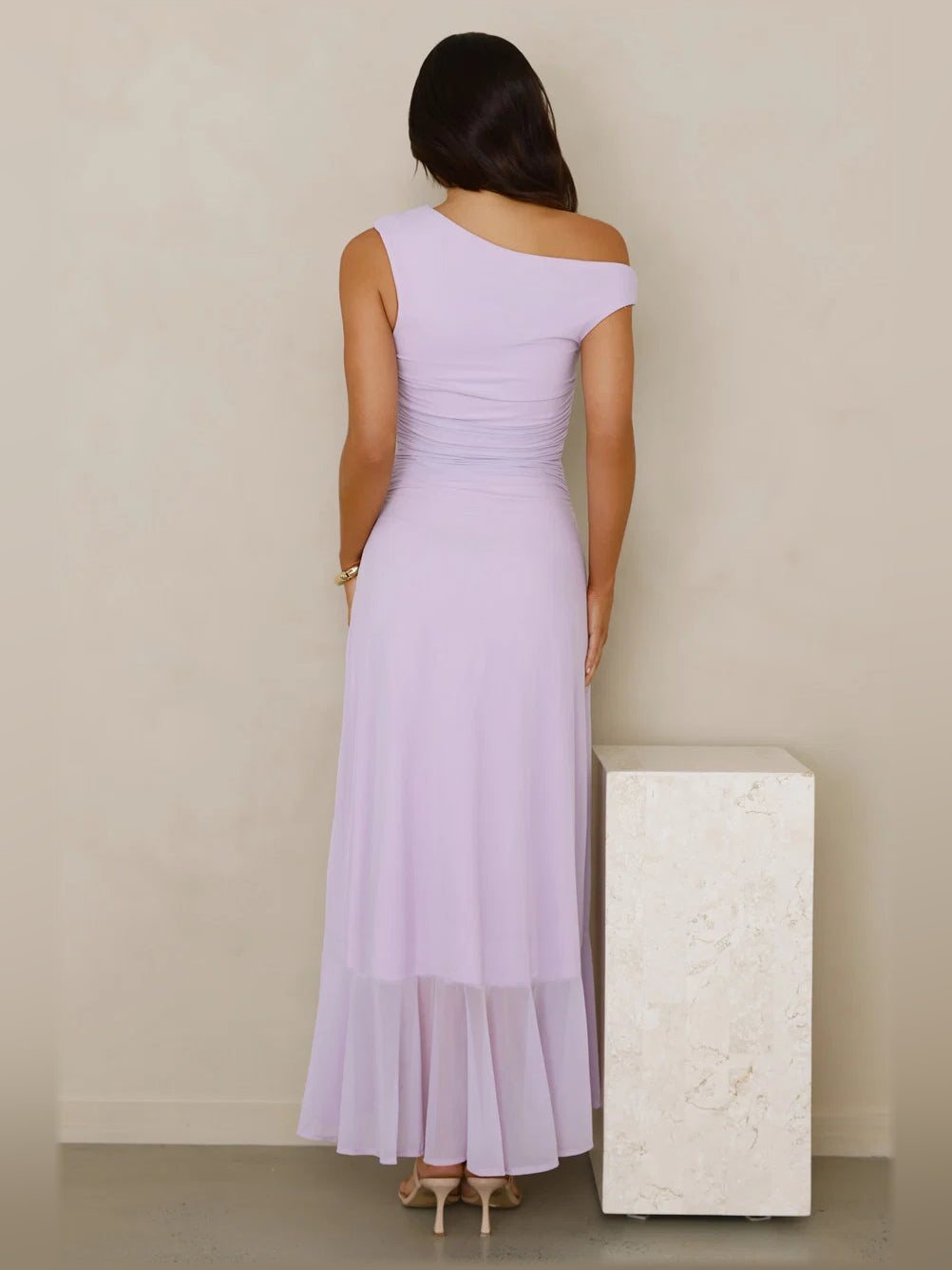 Lilac midi formal dress with off-the-shoulder neckline, alternate view showing the overall silhouette