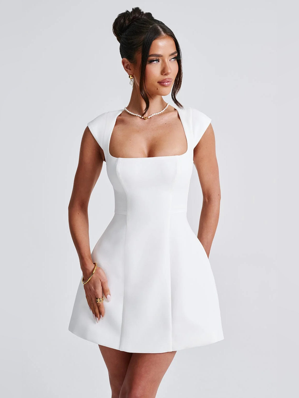 Ivory mini homecoming dress, alternate view showing the bodice and skirt from another angle