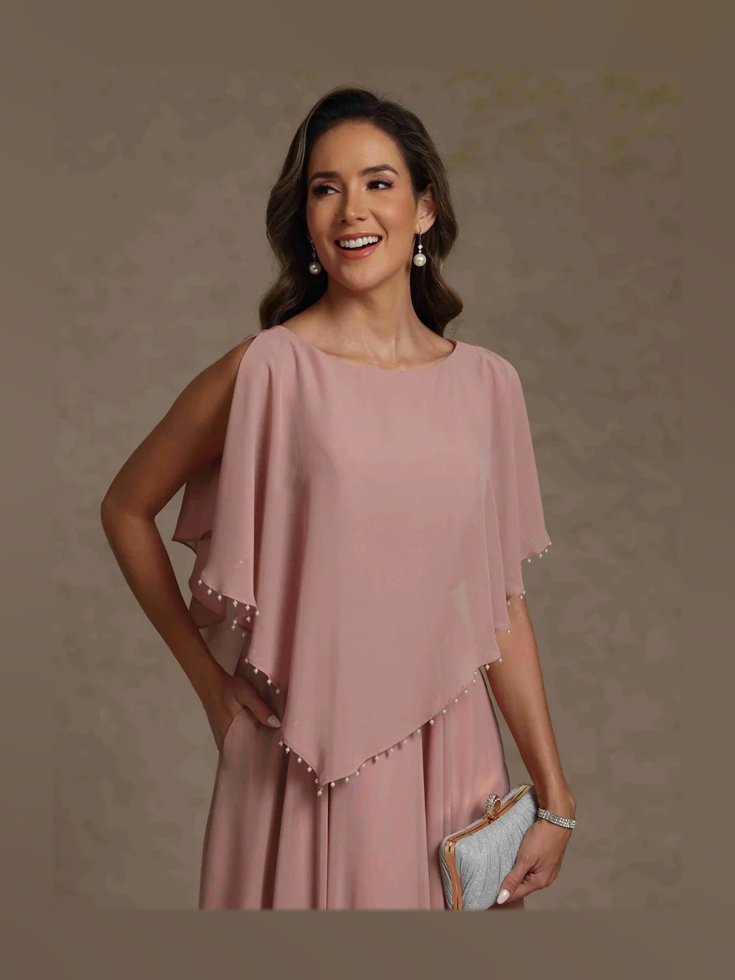 Dusty Rose floor-length mother of the bride dress, alternate view showing the bodice and skirt