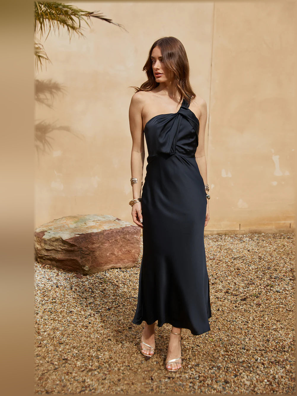 Black midi formal dress, alternate view showing the overall silhouette