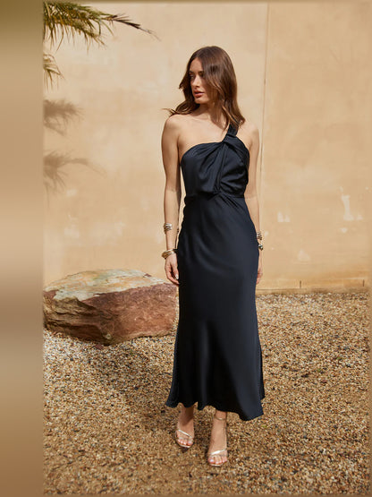 Black midi formal dress, alternate view showing the overall silhouette