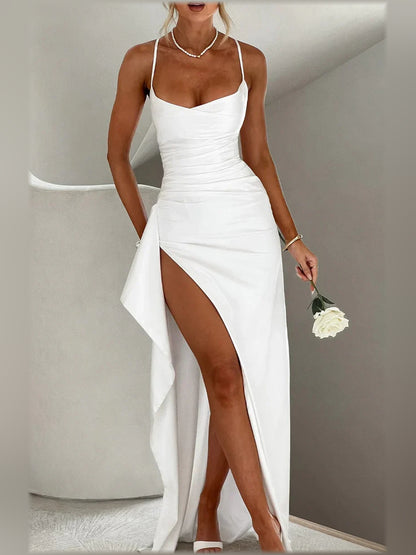 Taupe sheath floor-length formal dress with ruching, alternate view showing the overall silhouette