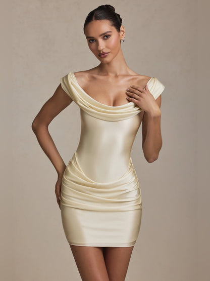 Ivory mini homecoming dress, alternate view showing the bodice and skirt from another angle