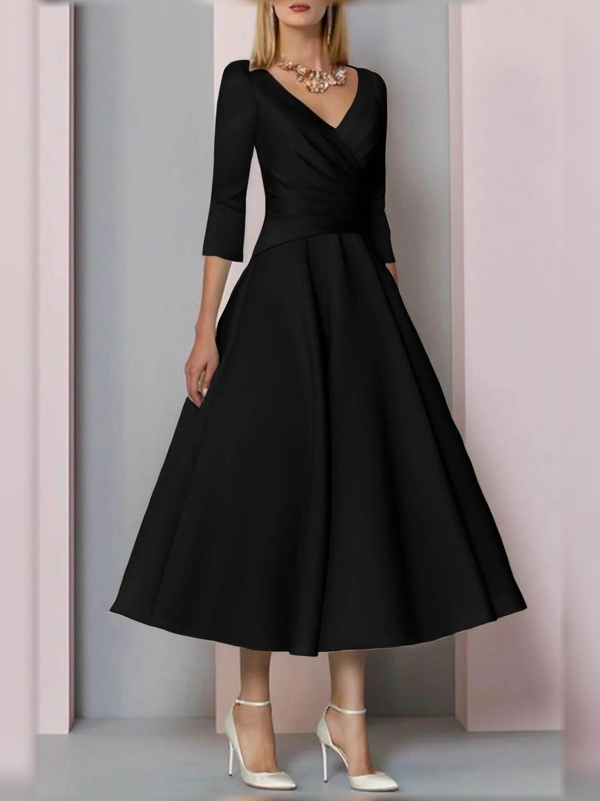 Black midi mother of the bride dress, alternate view showing the bodice and skirt