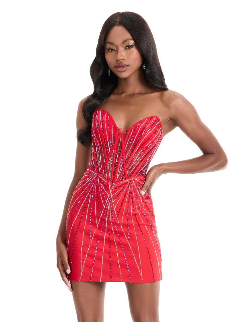 Red mini homecoming dress, alternate view showing the bodice and skirt