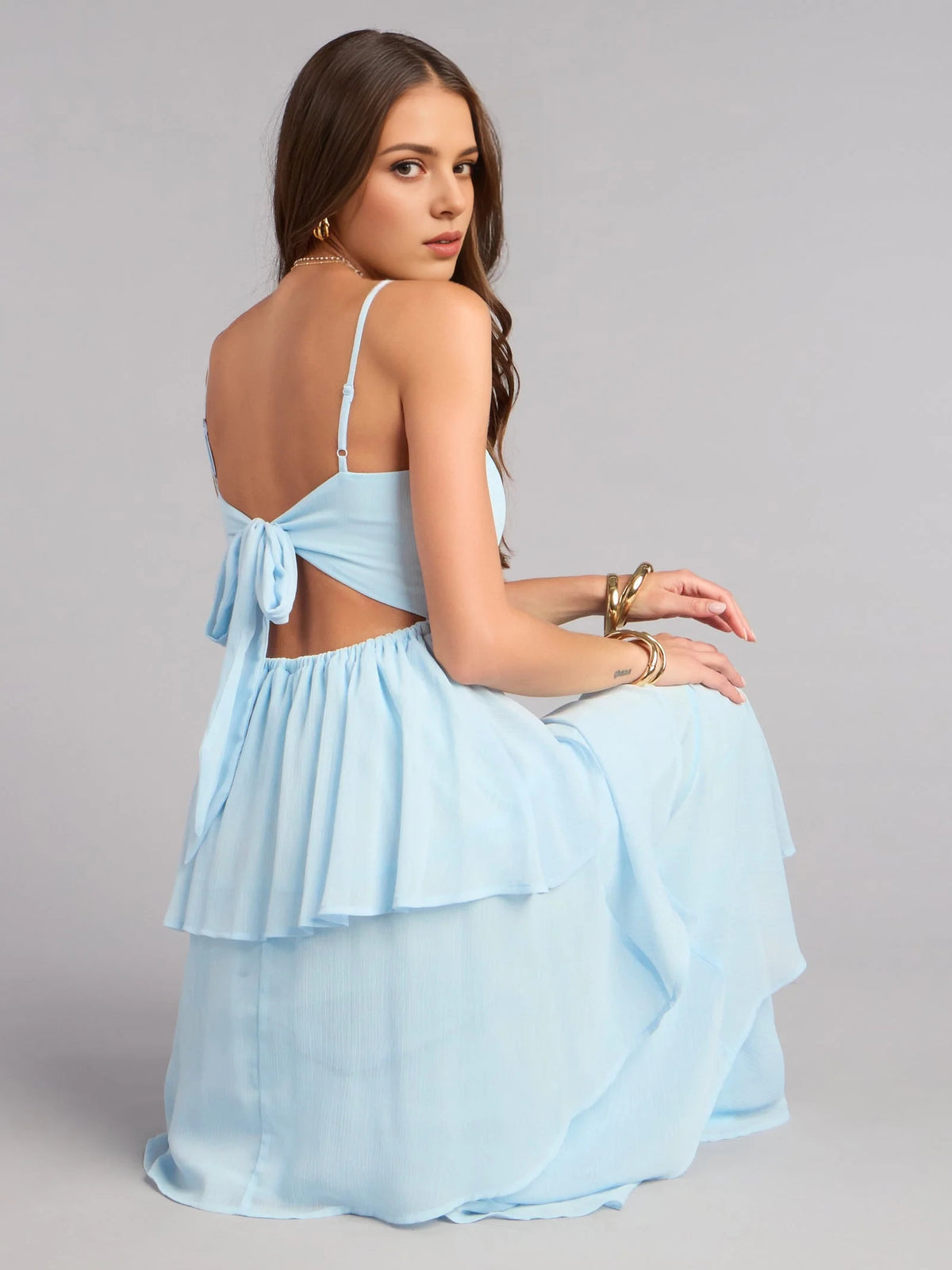 Black floor-length prom dress, alternate view showing the bodice and skirt from another angle