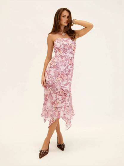 Paisley midi formal dress with strapless neckline, alternate view showing the overall silhouette