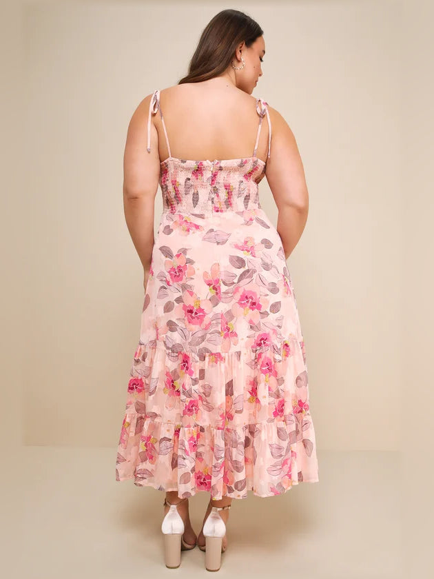 Pink Floral midi formal dress with tiered skirt, alternate view showing the overall silhouette