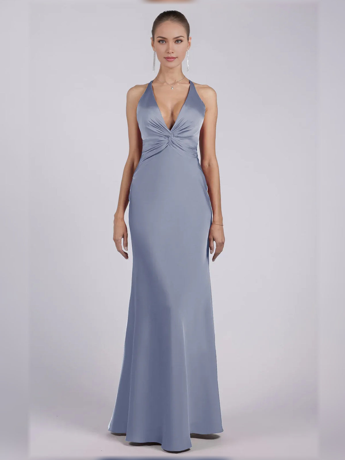 Dusty Blue sheath floor-length formal dress with halter neckline, alternate view