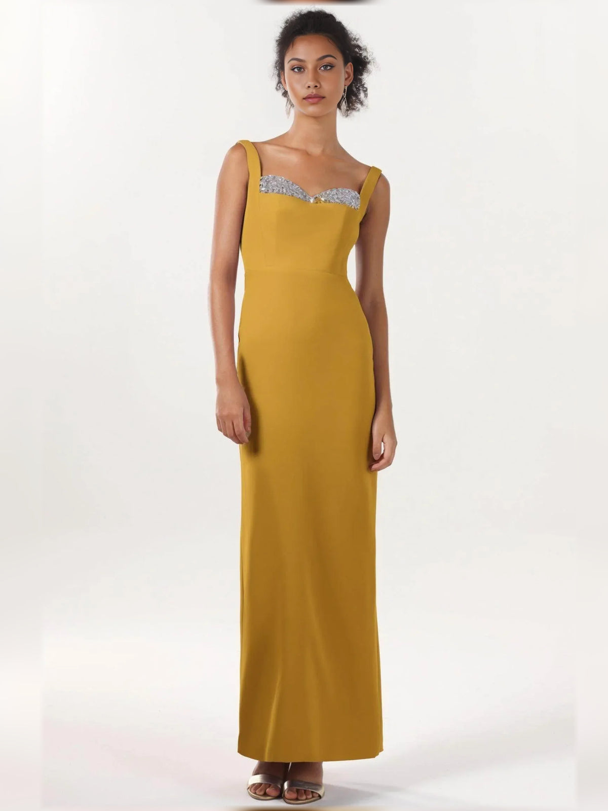 Marigold sheath floor-length formal dress with beading, alternate view
