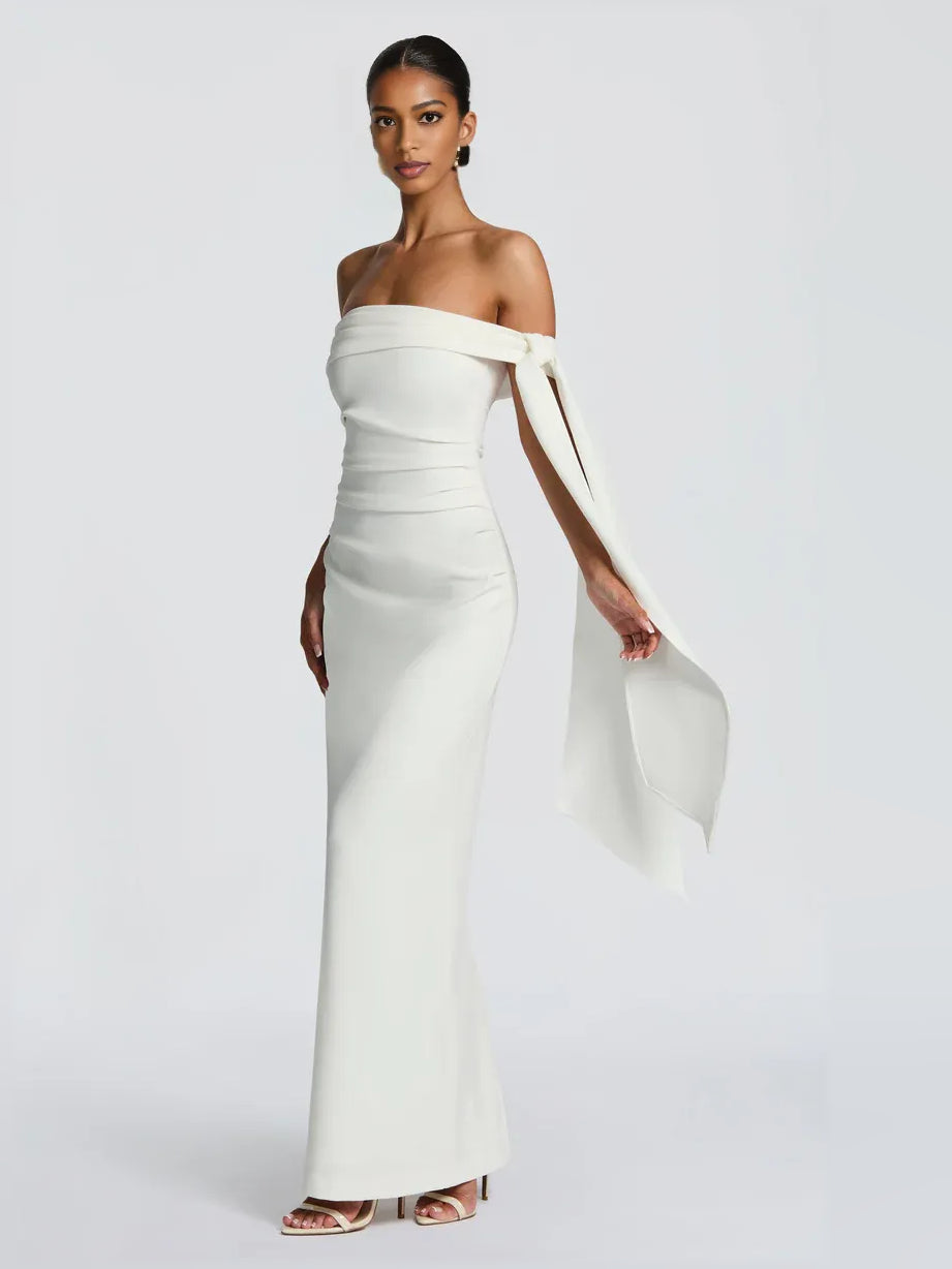Ivory sheath floor-length formal dress with skirt slit, alternate view