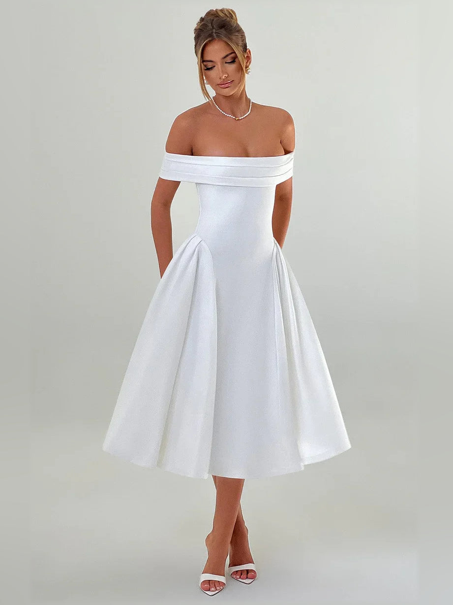 Blue a-line midi formal dress with off-the-shoulder neckline, alternate view showing the overall silhouette
