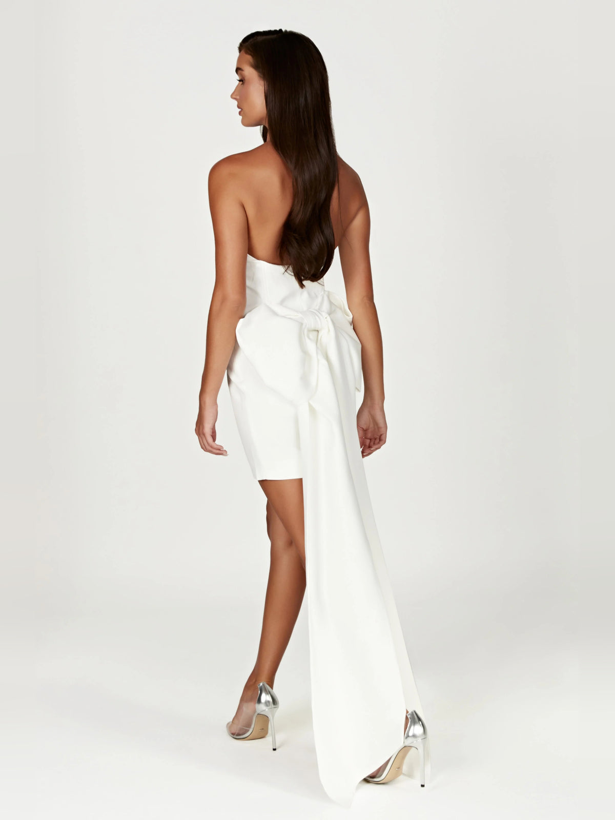 White mini homecoming dress, alternate view showing the bodice and skirt from another angle