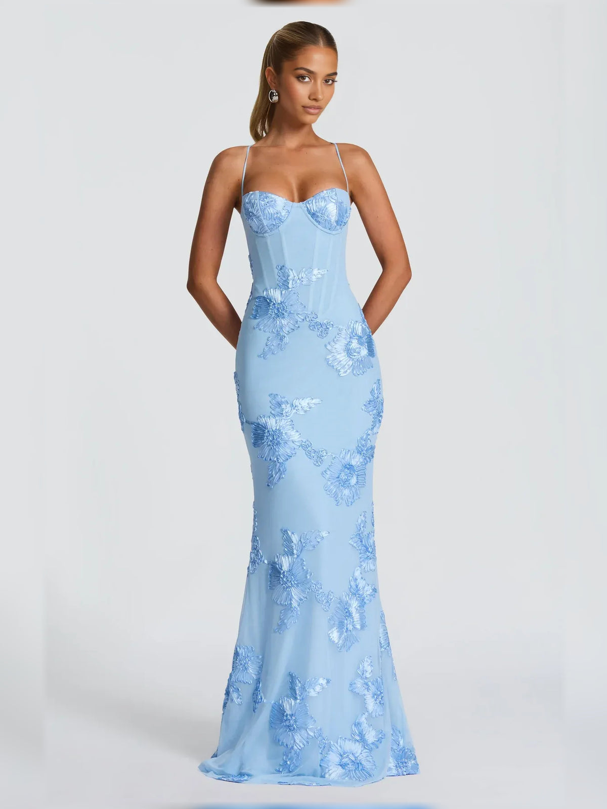 Light Blue mermaid floor-length formal dress with corset-style bodice, alternate view