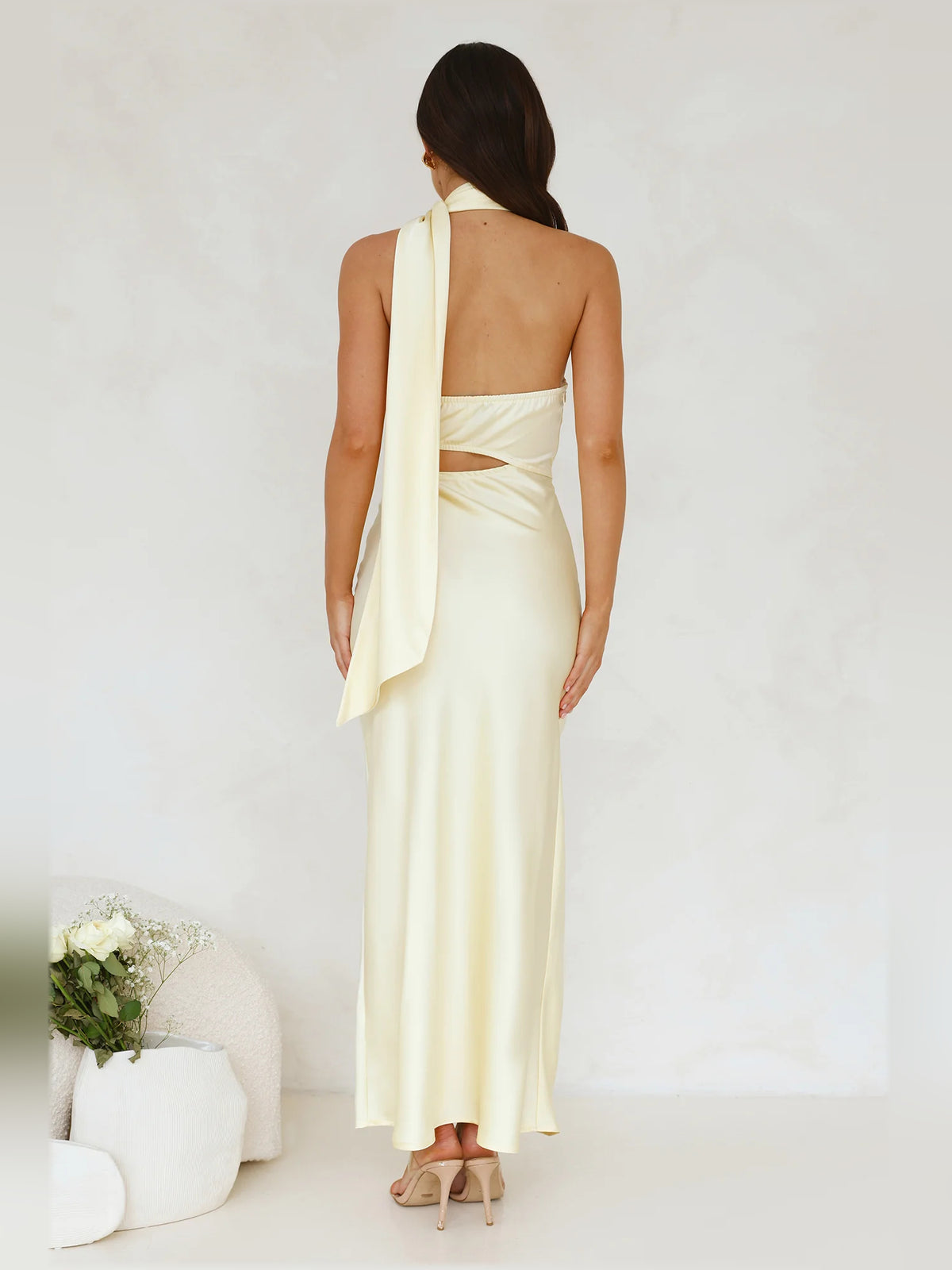 Yellow midi formal dress, alternate view showing the overall silhouette