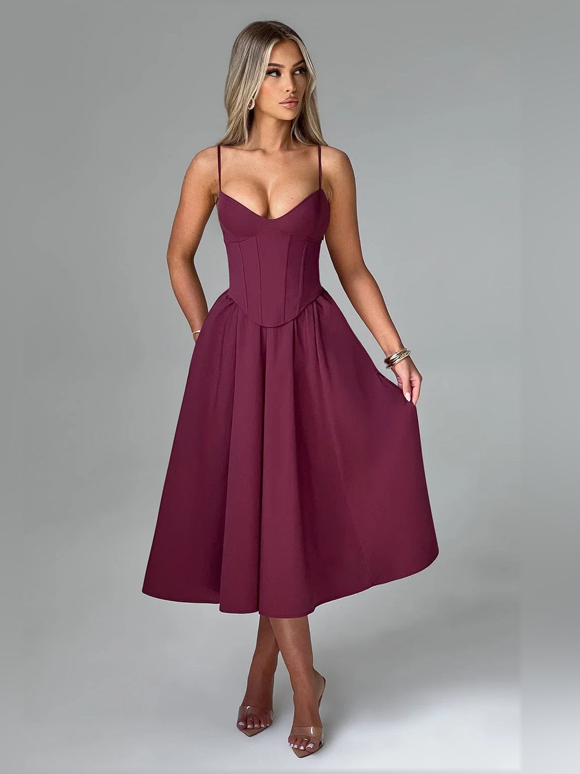 Cherry Lacquer midi formal dress, alternate view showing the overall silhouette