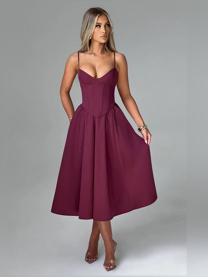 Cherry Lacquer midi formal dress, alternate view showing the overall silhouette