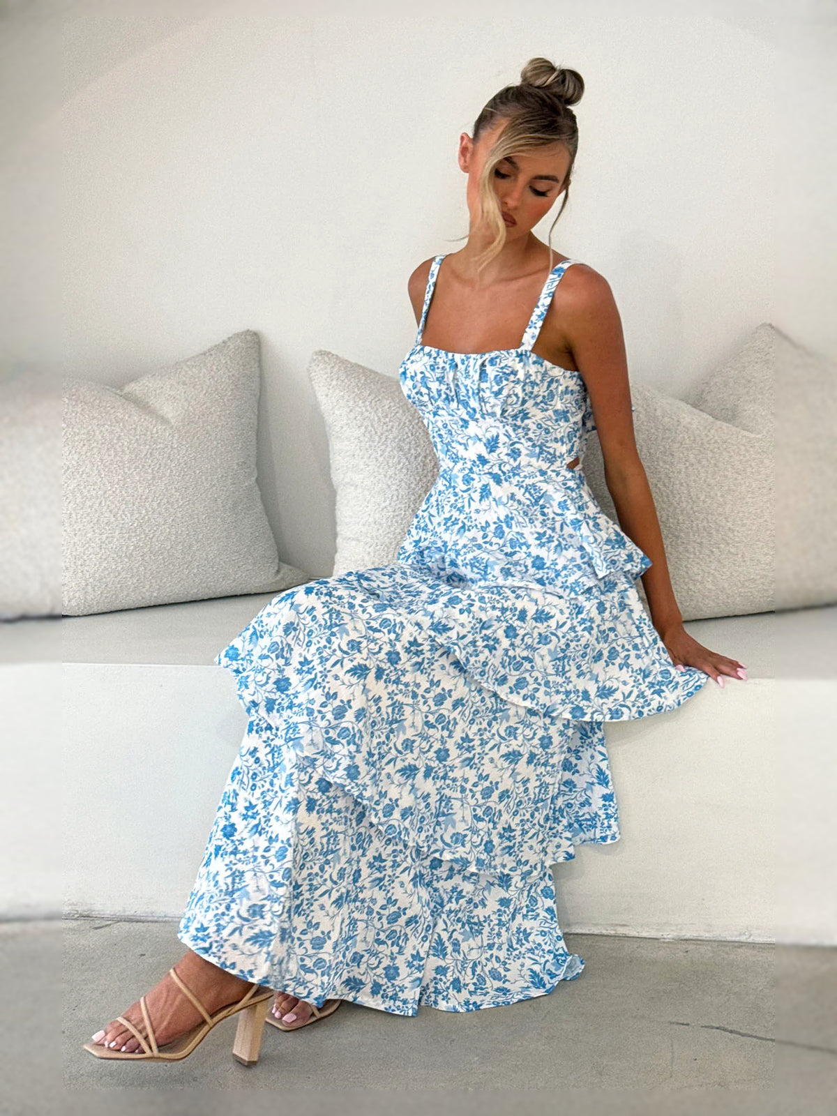 Blue midi formal dress with tiered skirt, alternate view showing the overall silhouette