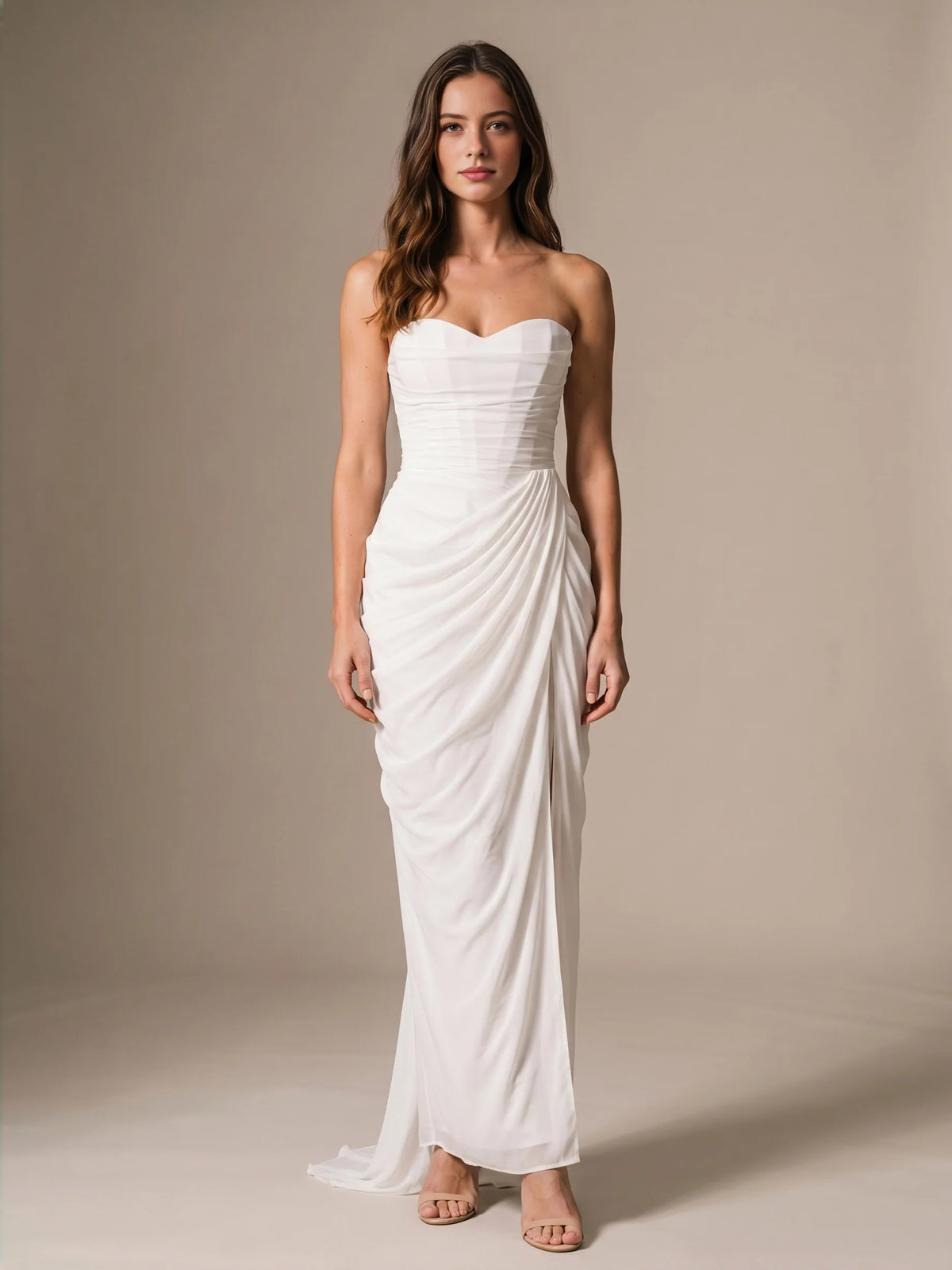 Ivory white maxi bridesmaid dress, alternate view showing the bodice and skirt