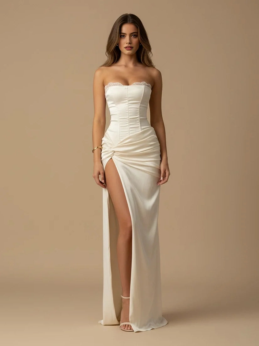 Ivory floor-length wedding dress, alternate view showing the bodice and skirt from another angle
