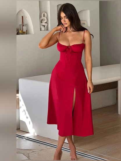Red midi formal dress, alternate view showing the overall silhouette